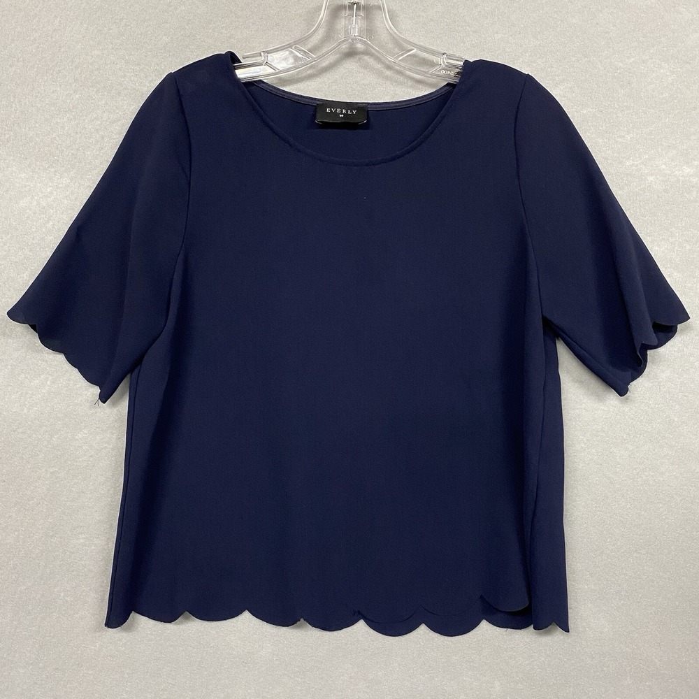 Everly Women Small Blouse Navy Blue Scalloped Trim Minimalist Office 19907